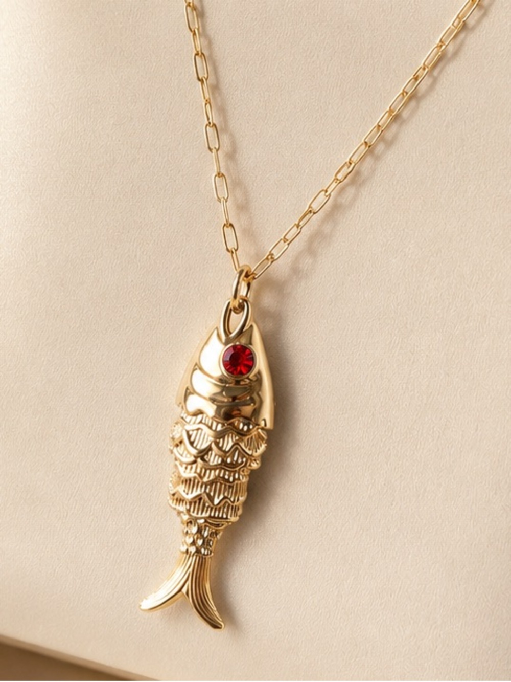 Gold Fish Pendant Necklace with Red Accent - Women Jewelry
